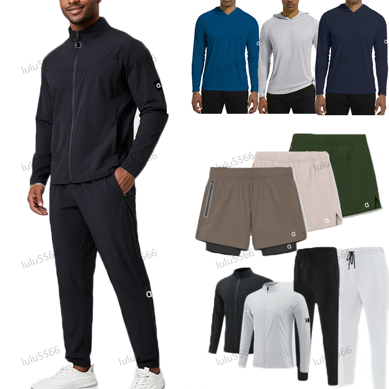 Mens shorts double layered running shorts ensemble sports speed up short sleeve hooded jacket top sweatpant tracksuit gym set sweatshirt workout