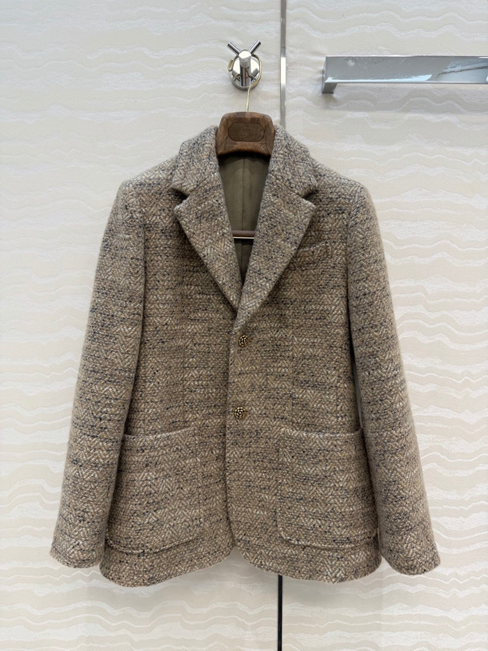 2026 Autumn Khaki Solid Color Woolen Pockets Blazer Long Sleeve Notched-Lapel Buttons Single-Breasted Outwear Coats WS6S14 Check Size Chart Please