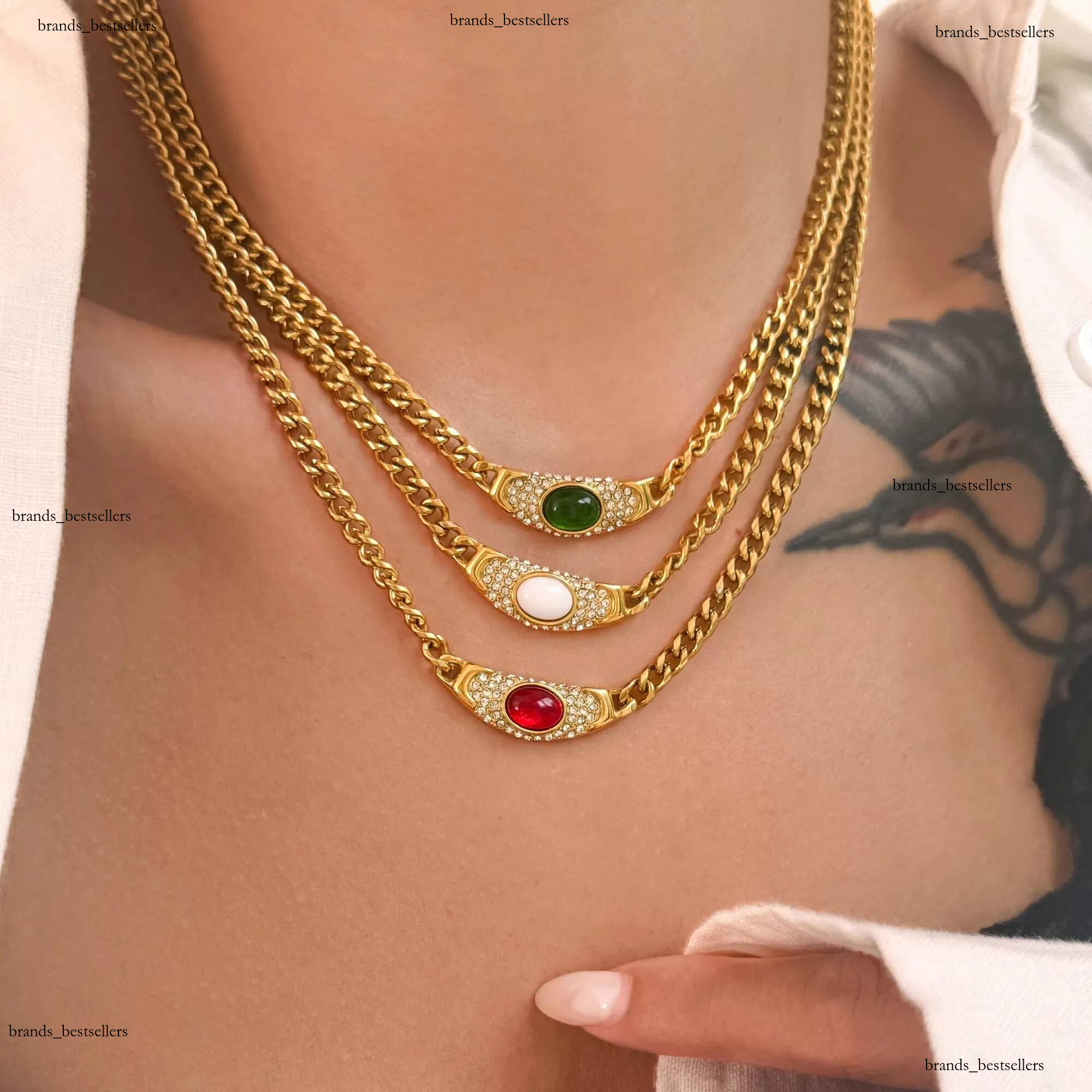 Stainless Steel 18k Gold Plated Vintage Colorful Beads Zircon Curved Pendant Necklace for Women Cuban Chains Choker Boho Jewelry