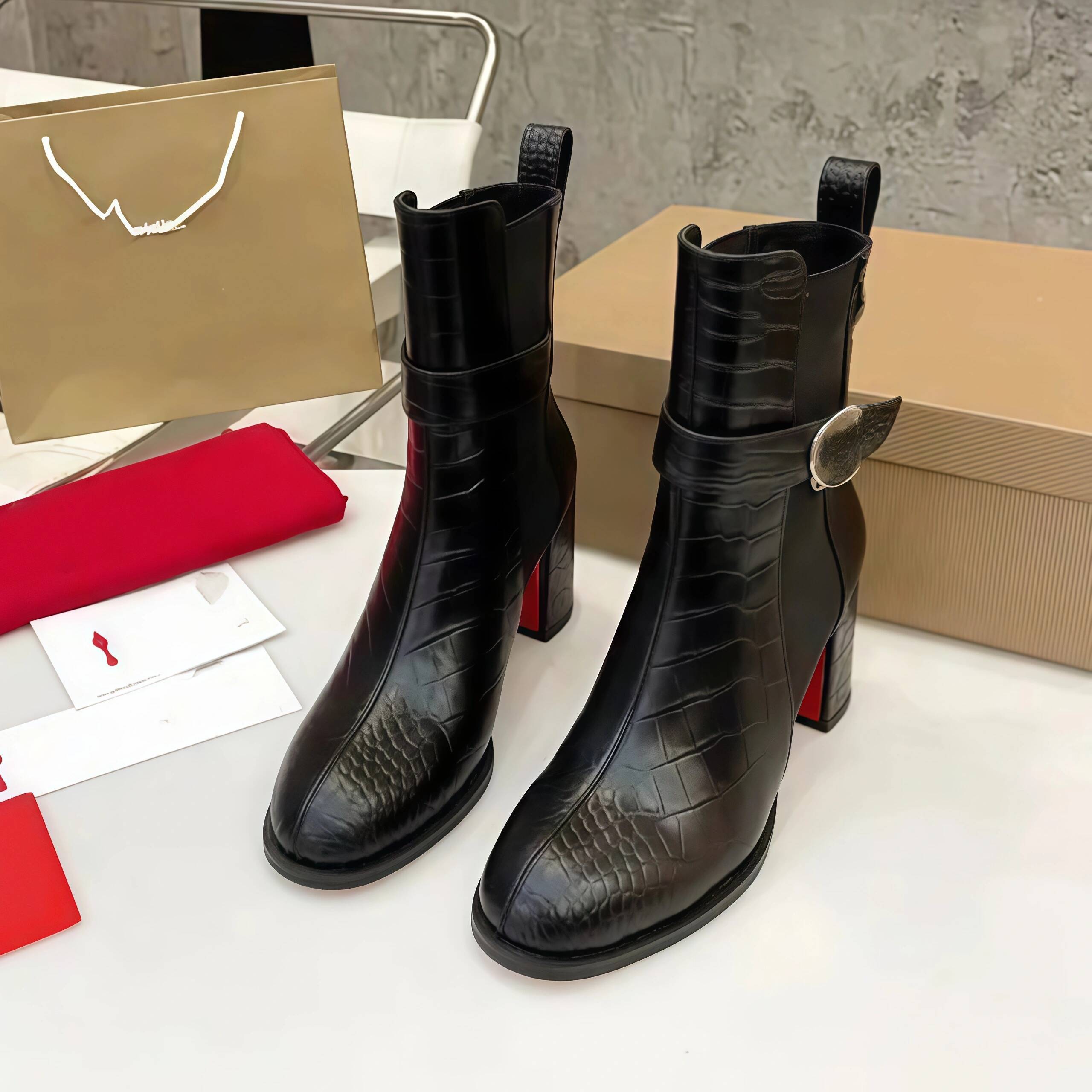 Booties Designer Luxury Shoe Women Black Crocodile Pattern Leather Elastic Panel Square Toe Metal Buckle Dress Autumn Winter Runway Fashion Moto Che