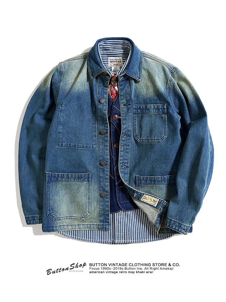 American Retro Thickened Heavyweight Men's Denim Jacket Casual Autumn Winter Workwear Outerwear Standard Fit MultiPocket Washed 260914