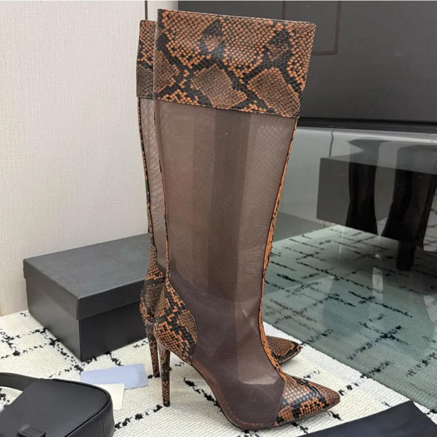 Designers 77 Boots In Python Womens Pointed Toes Slip On Thigh High Boots Luxury Cone Heel Over The Knee Boots Genuine Leather Sole Crystal Sheepski
