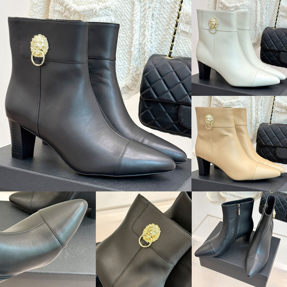 Fashion Designer Luxury Shoe Boots Womens Leather Ankle Pointed High Heel Buckle Gold Charm Evening Work Street Winter Zipper Elegant Formal Modern