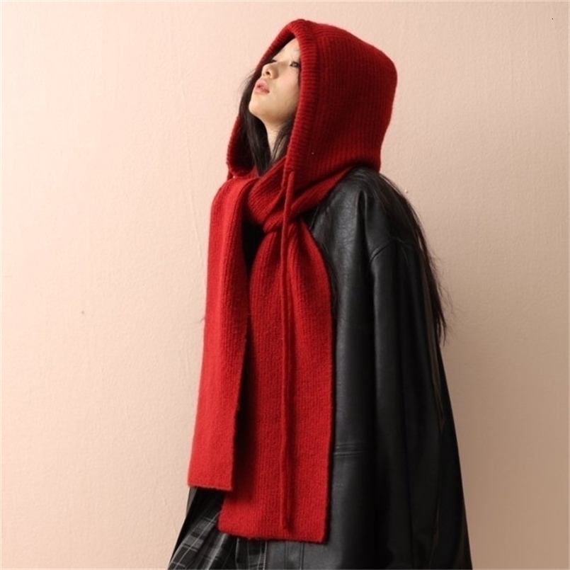Korean Knitted Hooded Scarf and Shawl in One Suitable for Both Men Women Autumn Winter Thickened Warm Bomber 260831