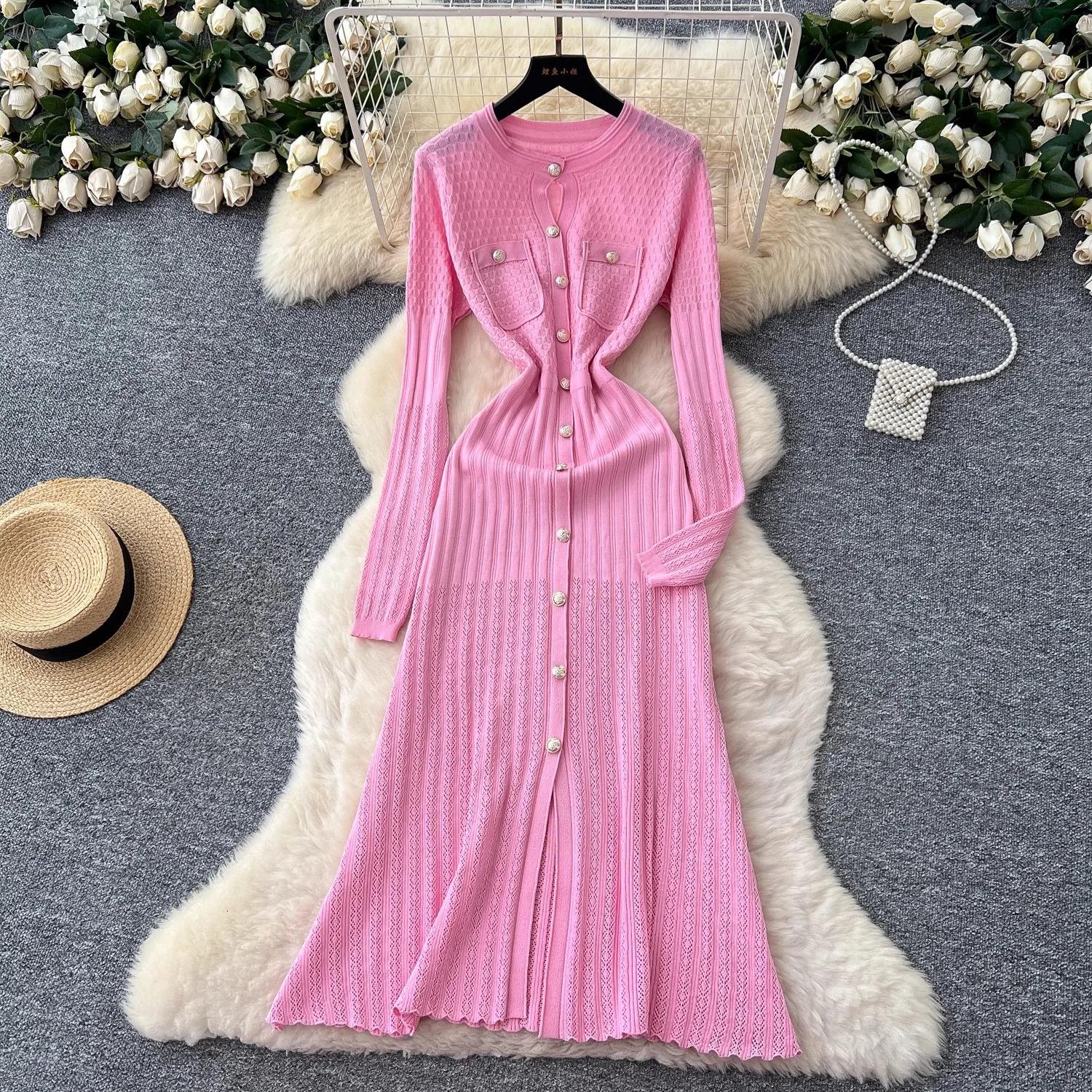 YuooMuoo Fashion Aesthetic Patchwork Knitted Maxi Dress Autumn Winter Women y Shirt Sweater Office Lady Vestido 260907