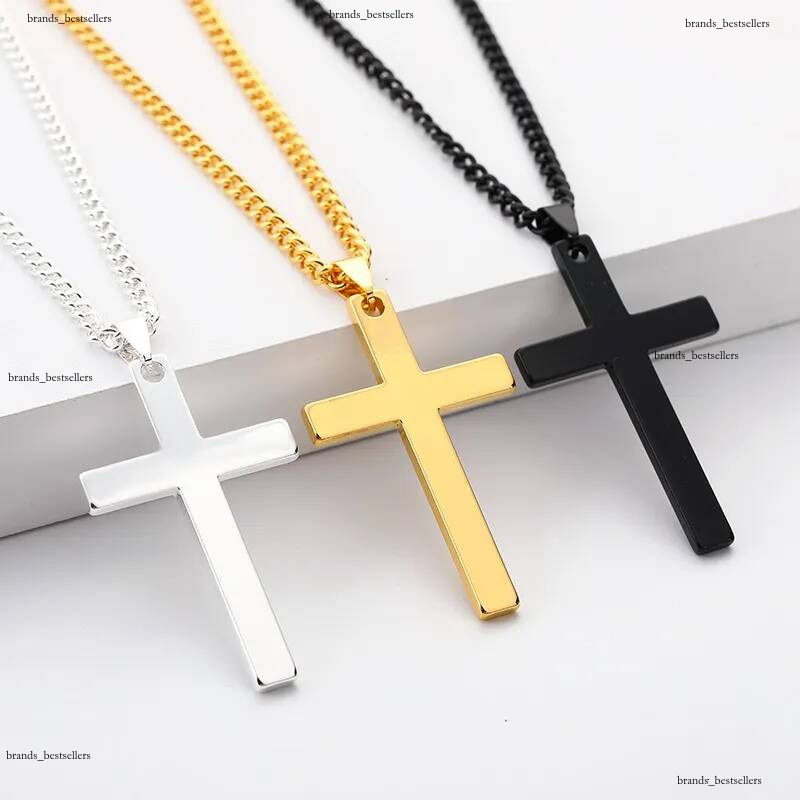 MOOHAM Polished Cross with Necklace Men Filled Silver Black Gold Stainless Steel Plain Pendant Chain 24 Inch Collection Men's