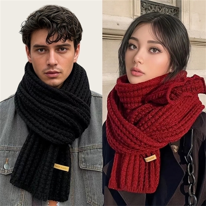 Men Women Thick Warm Knitted Scarf in Winter Autumn Wool Soft Solid Cashmere Neckerchief Simple Fashion Black Students Scarves 260831
