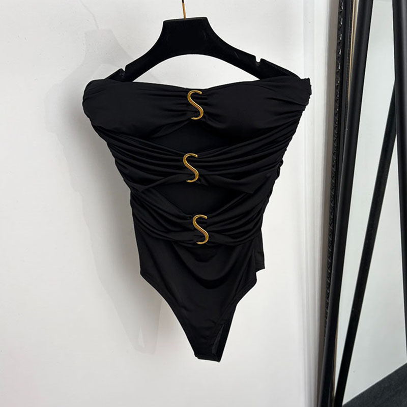 Brand Hollow Strapless Rompers Bodysuit Women Gold Charming Letter Black Leotard Summer Beach Vacation Night Club Playsuit