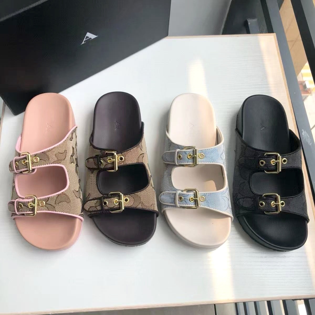 brown Women Signatures Jacquard Slide Sandals Summer Double Buckle slippers Classis Beach pool Designer sandale EVA luxury Vacation Home Soft shoe M