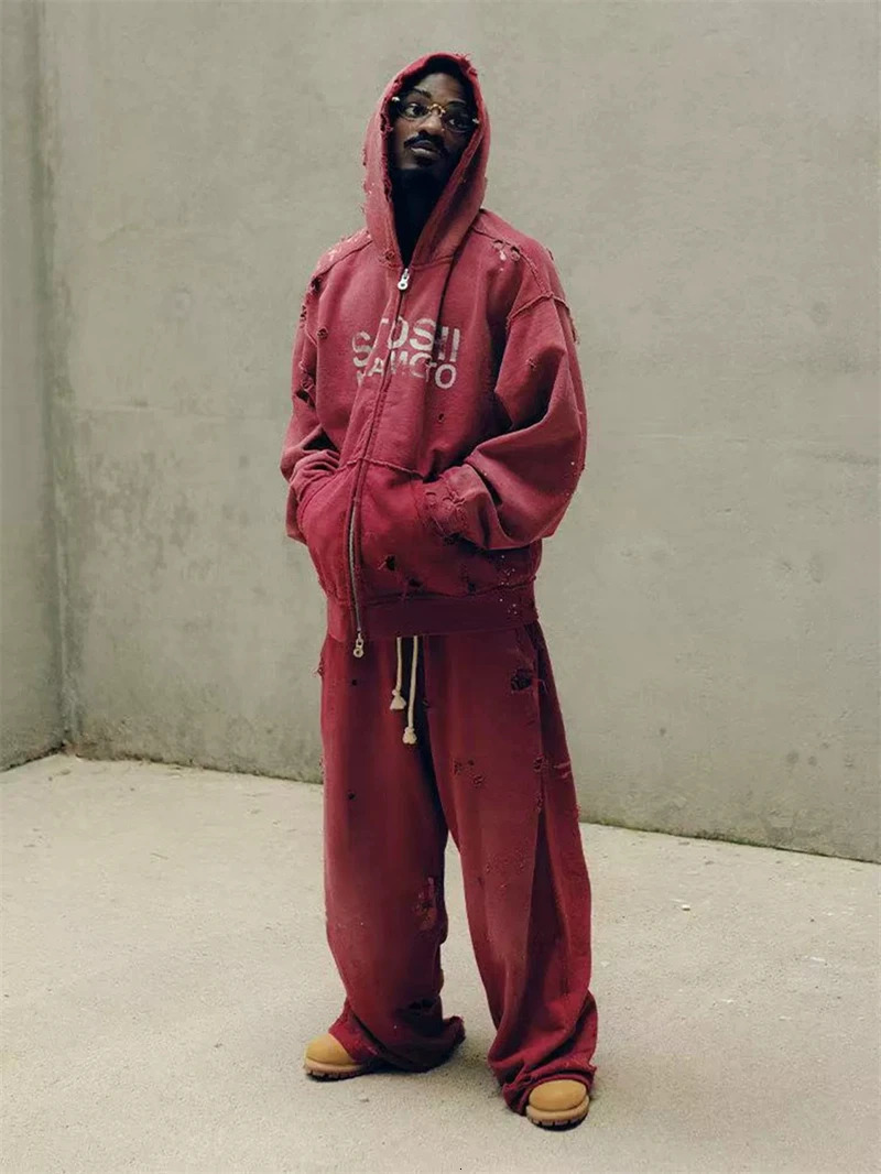 Classic Letters Print Satoshi Nakamoto Zipper Hoodie Hooded Men Women Vintage Washed Red Damaged Hole Splashed Ink Coats 260917