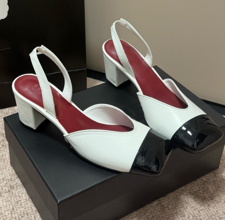 Women's Designer Slingback Block Heel Pumps Summer Two-Tone Cap Toe Dress Shoes with Red Insole High-quality brand logo for Office & Evening
