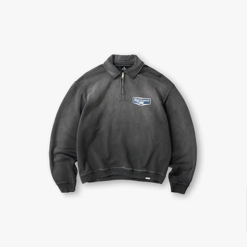 Sweat-shirt unisexe à col demi-fermeture éclair délavé vintage pour hommes et femmes, streetwear ample à manches longues avec badge imprimé sur l
