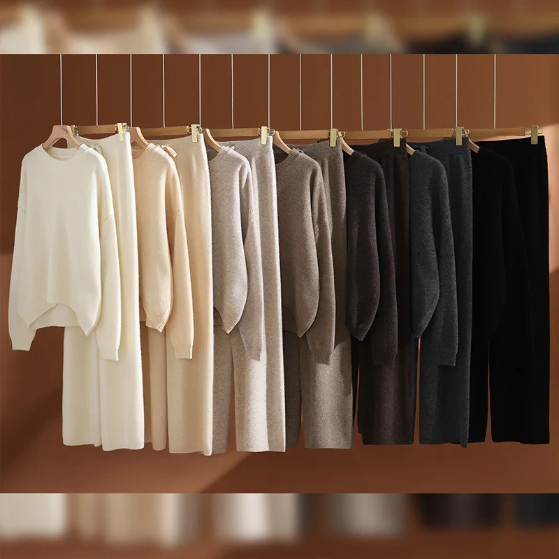 Women's 100% Wool Set O-neck Pullover Wide Leg Pants Loose Thick Autumn Winter Solid Cashmere Sweater Knitwear Trousers Suit 260911