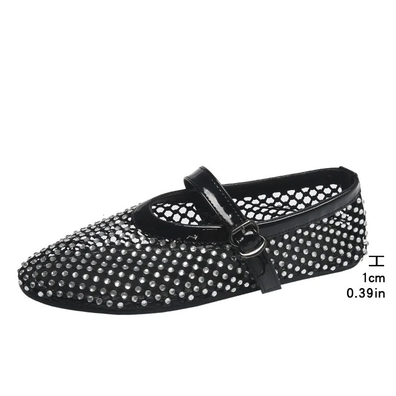 Summer Rhinestone Mesh Hollow Sandals Plus Size 43 Women Flats Shallow 2024 Mary Jane Shoes Comfort Female Flat Shoes 260911