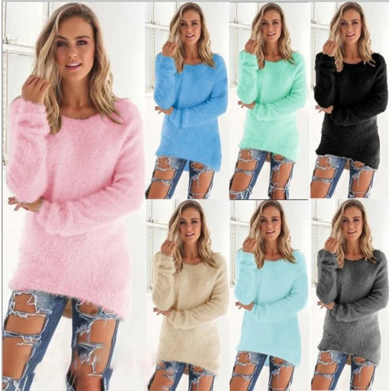Women Warm Sweaters Solid Color O Neck Loose Knitted Pullover Long Sweater Casual Blouse Lady Hipster Comfortable Clothing 260911