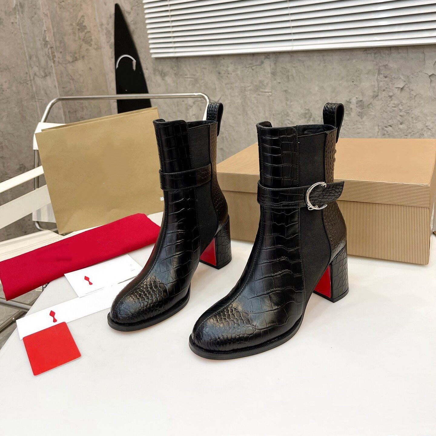 Pull On Boots Designer Luxury Shoe Women Croc Texture Leather Bootie Elastic Side Panel Block Heel Autumn Winter Dress Street Strap Fashion Runway B