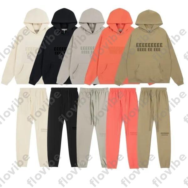 Loose High Street Couple Hoodies Set Flocking Printed Fleece Lined Warm Hooded Sweatshirt + Sweatpants 2PCS Men Women Casual Streetwear Tracksuit