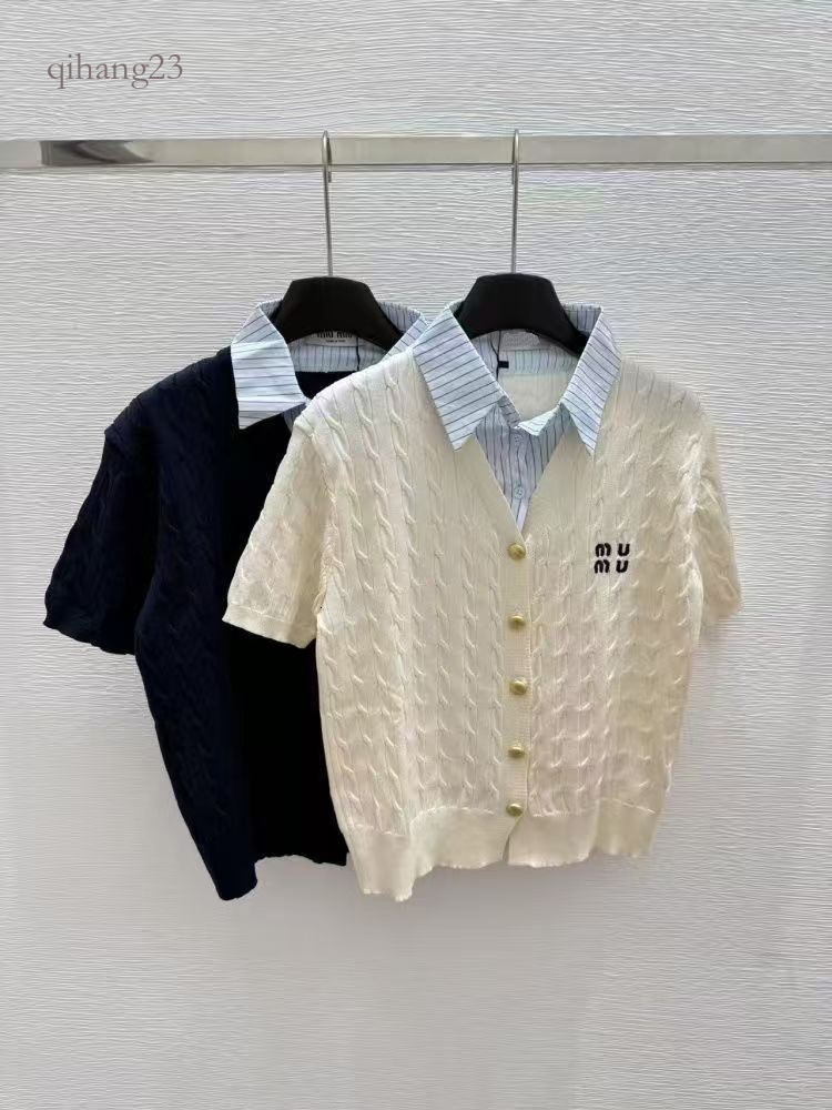 Miu Top Women Designer High Custom Summer Sweater Small Fragrance Cardigan Fake Two Piece Stitching MM Logo Polo Neck Knitted Short Sleeved Fashion