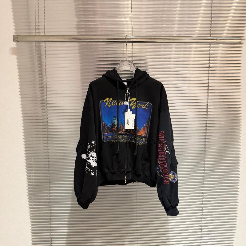 Washed Black Zip Up Hoodie NYC City Night Print Patchwork Distressed Oversized Streetwear Sweatshirt Unisex Spring Fall Printed zipper hoodie