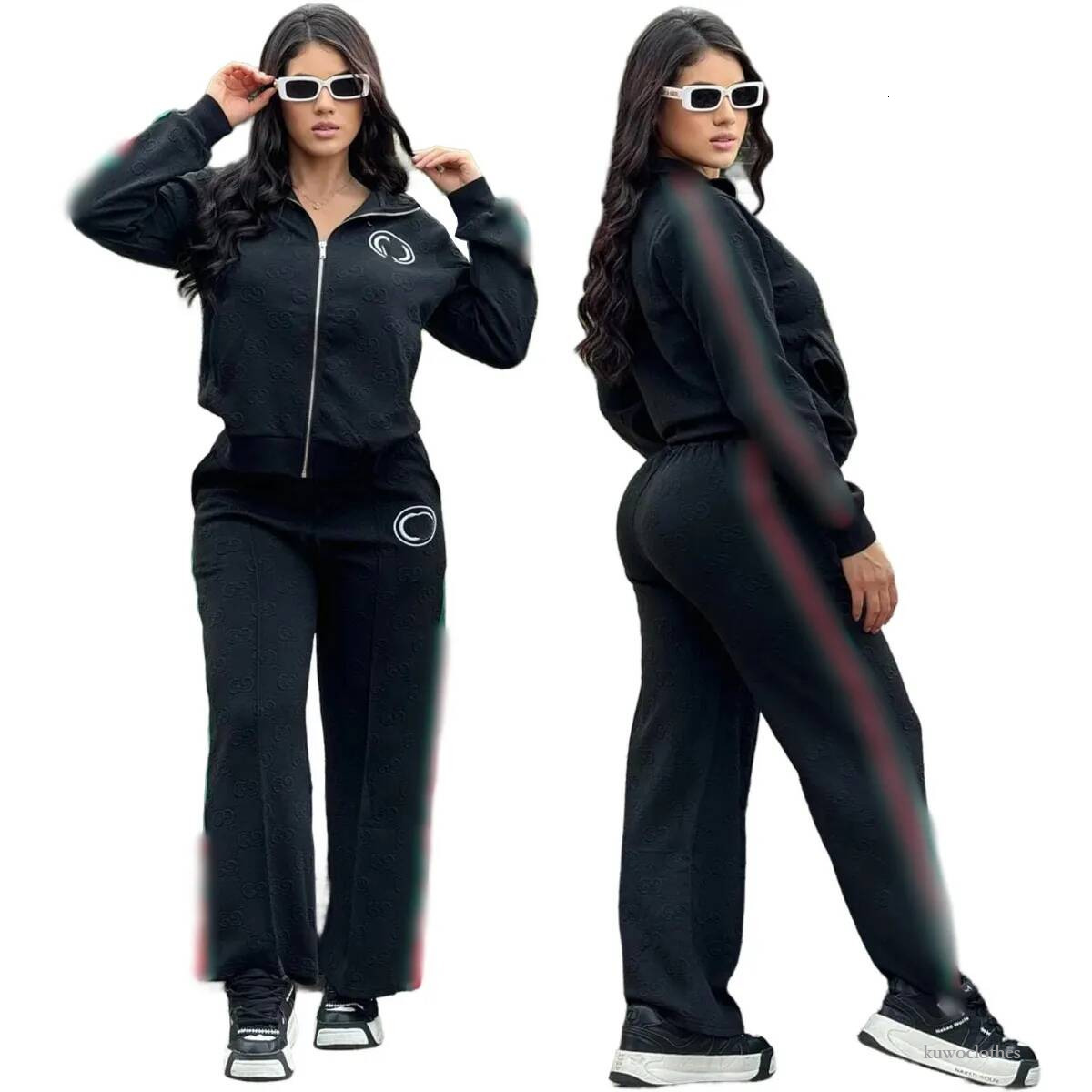 2026 Embossing Tracksuits Sweat Suits Women Zipper Jacket And Wide Leg Pants Set Women Designer Long Sleeve Clothing Set