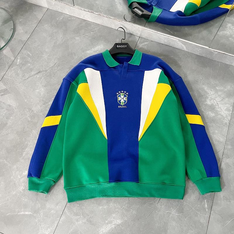 Heavyweight Automne Hiver Coupe Ample Brésil Lettre Broderie 3D Patchwork Unisexe Haut De Sport Streetwear Col Polo Manches Longues Vert Patchwor