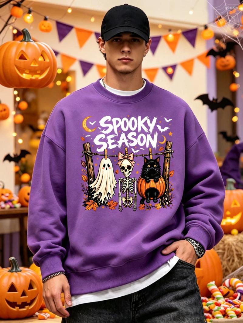 Spooky Season Halloween Printed Sweatshirts Mens Winter Fleece Warm Hoodies Basic Crewneck Pullover Casual Oversized Clothes