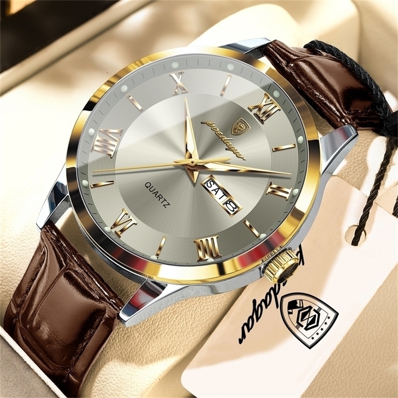 POEDAGAR Original Fashion Men's Watches Leather Date Week High Quality Quartz Men Wristwatch Waterproof Luminous Business For Man Male Reloj 26
