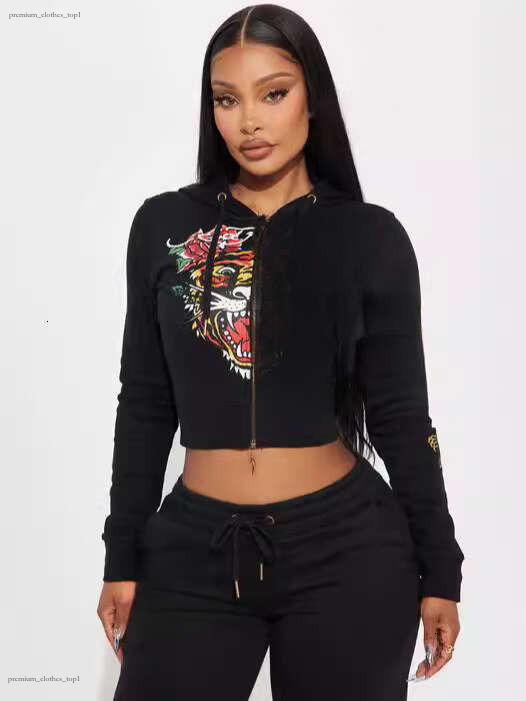 Edhardey Black Cropped Zip Up Hoodie Gold Rhinestone Dragon Print Red Cuff Logo Y2k Retro Streetwear Ed Hard Sweatshirt Fitted Top Vintage Crystal W