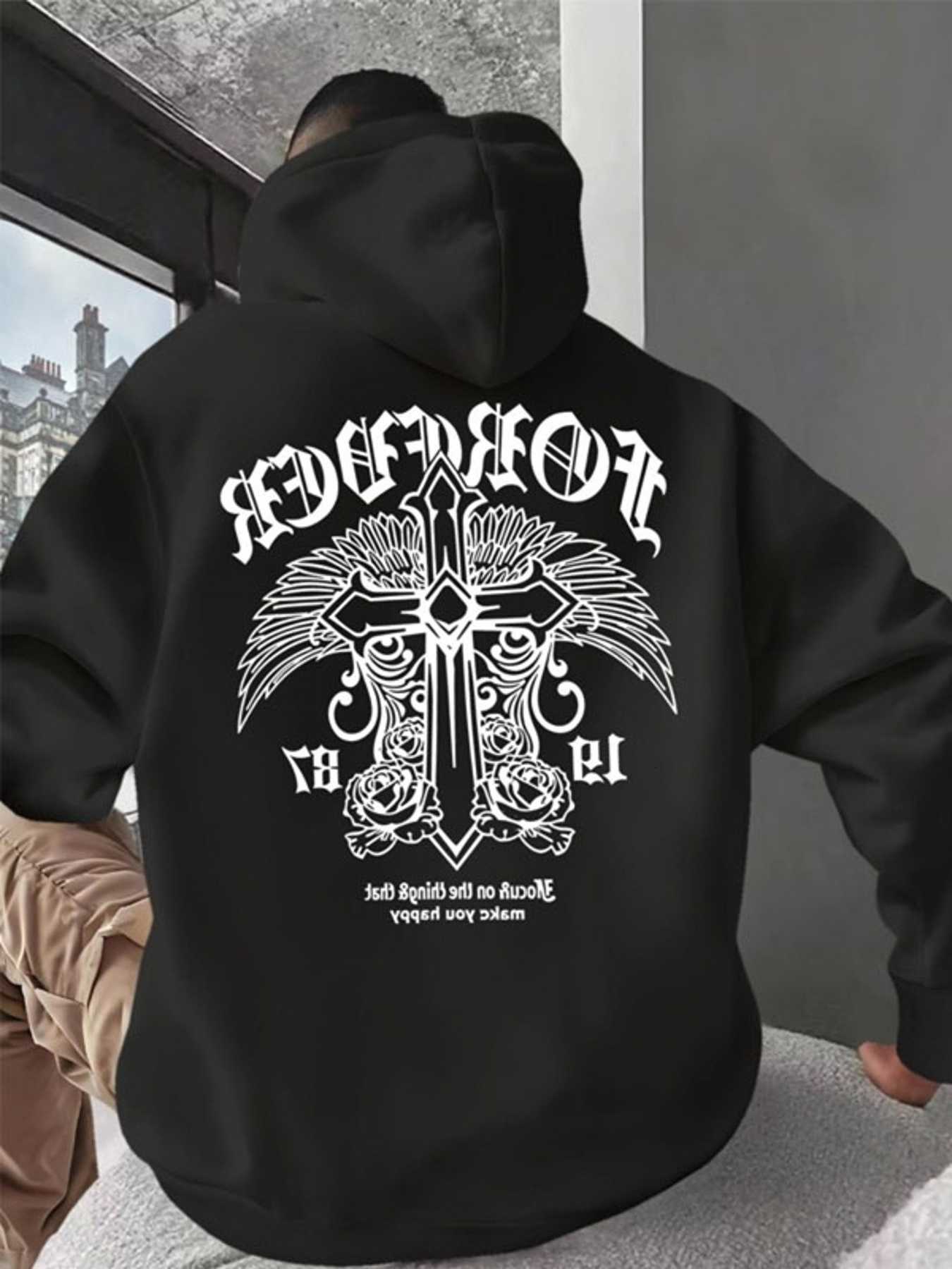 Print Men's Back Forever 1987 Pullover Hoodie Gothic Cross Rose Vintage Letter Graphic Hooded Sweatshirt Kangaroo Pocket Loose Fit Streetwear D