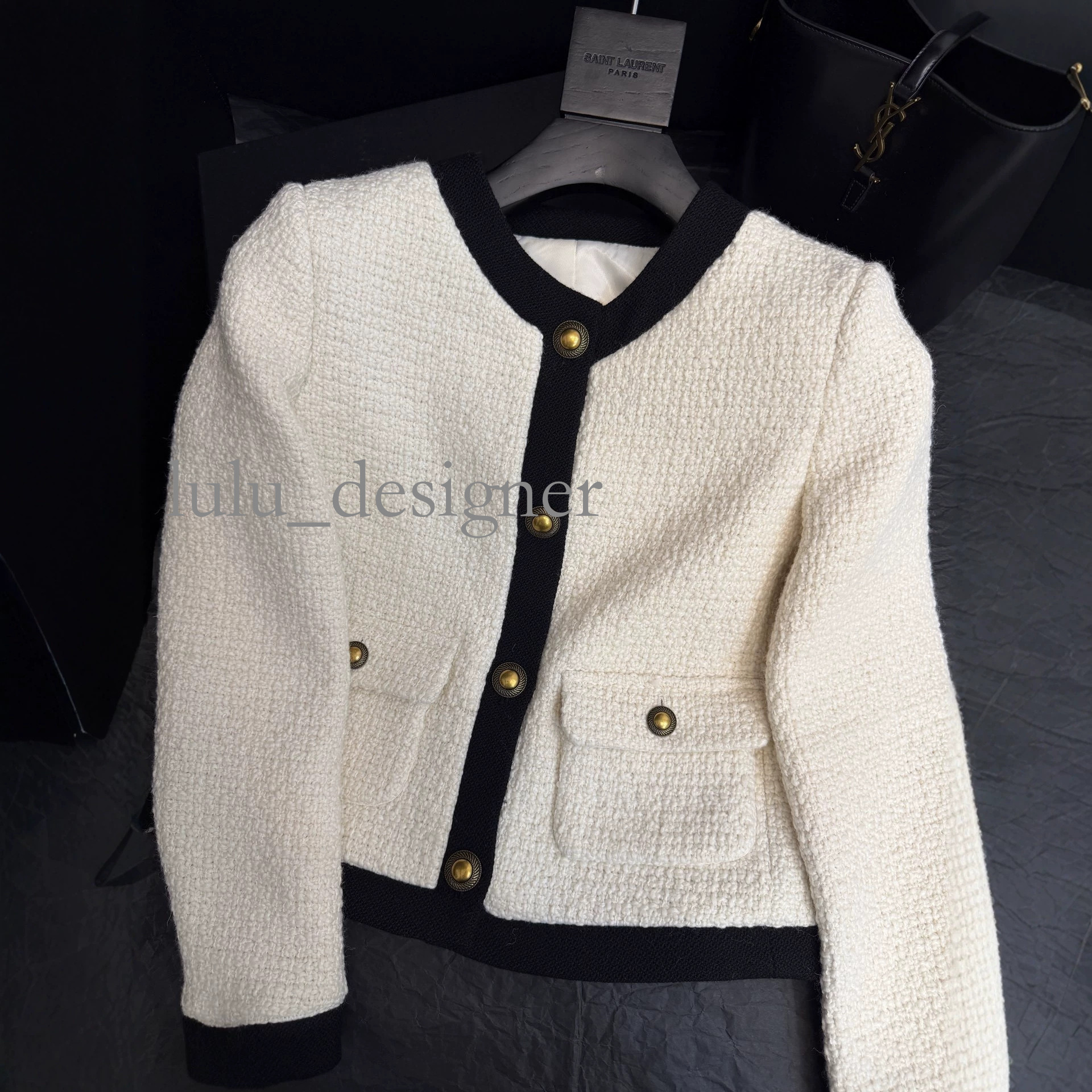 Designer jacket women 2026 Autumn/Winter New French Chic Color-Block Round Neck Metal Button Versatile Short Jacket