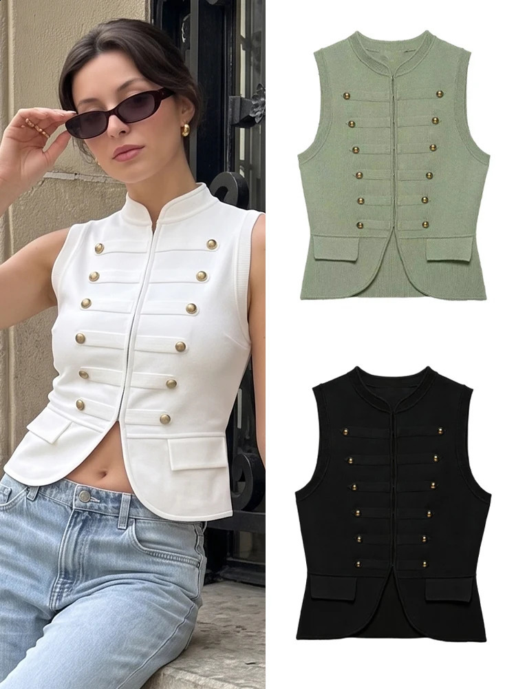 HH Women Elegant Solid Sleeveless Vest Double Breasted Decorative Slim Fit Short Chic Top 2026 Summer Casual Beach Vacation 260914