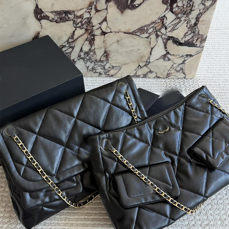 Sac à main de créateur matelassé en diamant surdimensionné noir pour femme 25k35cm Sac à rabat Hobo en cuir souple Fermeture à glissière dorée Pl