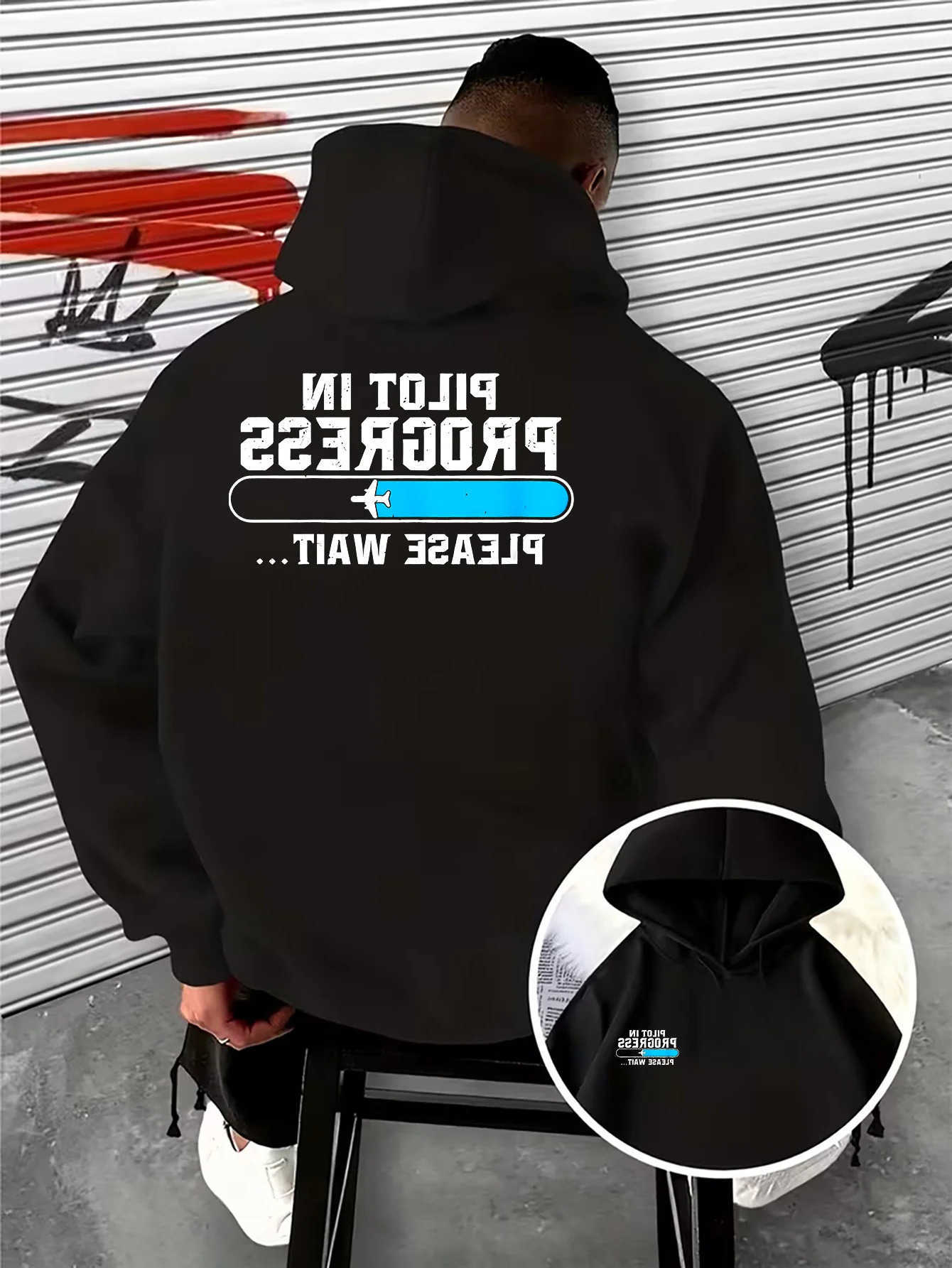 Humor Men Y2K Graphic Hoodie Pilot Training Loading Bar Art Back Chest Dual Print Autumn Winter Lined Loose Hoodie D260915