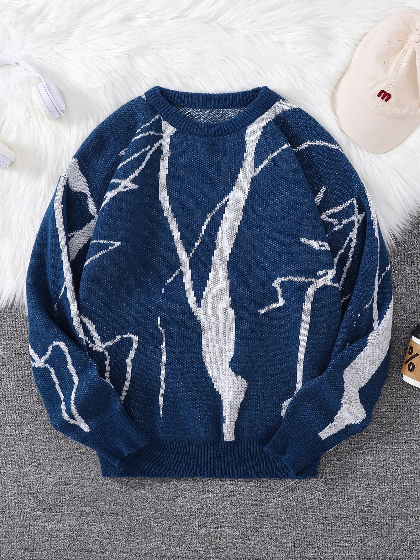 Street Graffiti Pattern Pullover Sweater Casual RoundNeck Knit Mens Suitable for Everyday Wear Unisex Top Going Out Regular Fit Autumn and Winter 26