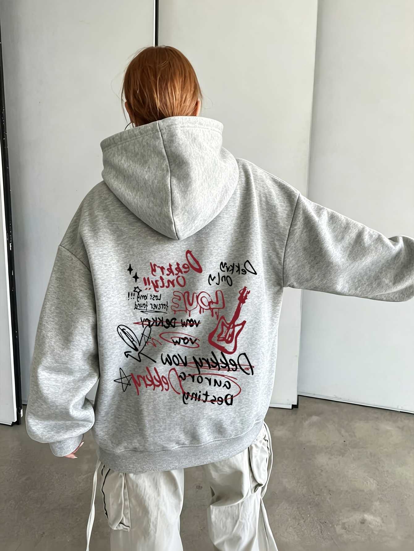 Graffiti Rock Guitar Men Women Letter Graphic Back Print Hoodie Pullover SweatshirtPunkMusicStyleCasualLooseStreetwearHoodedTops D260915