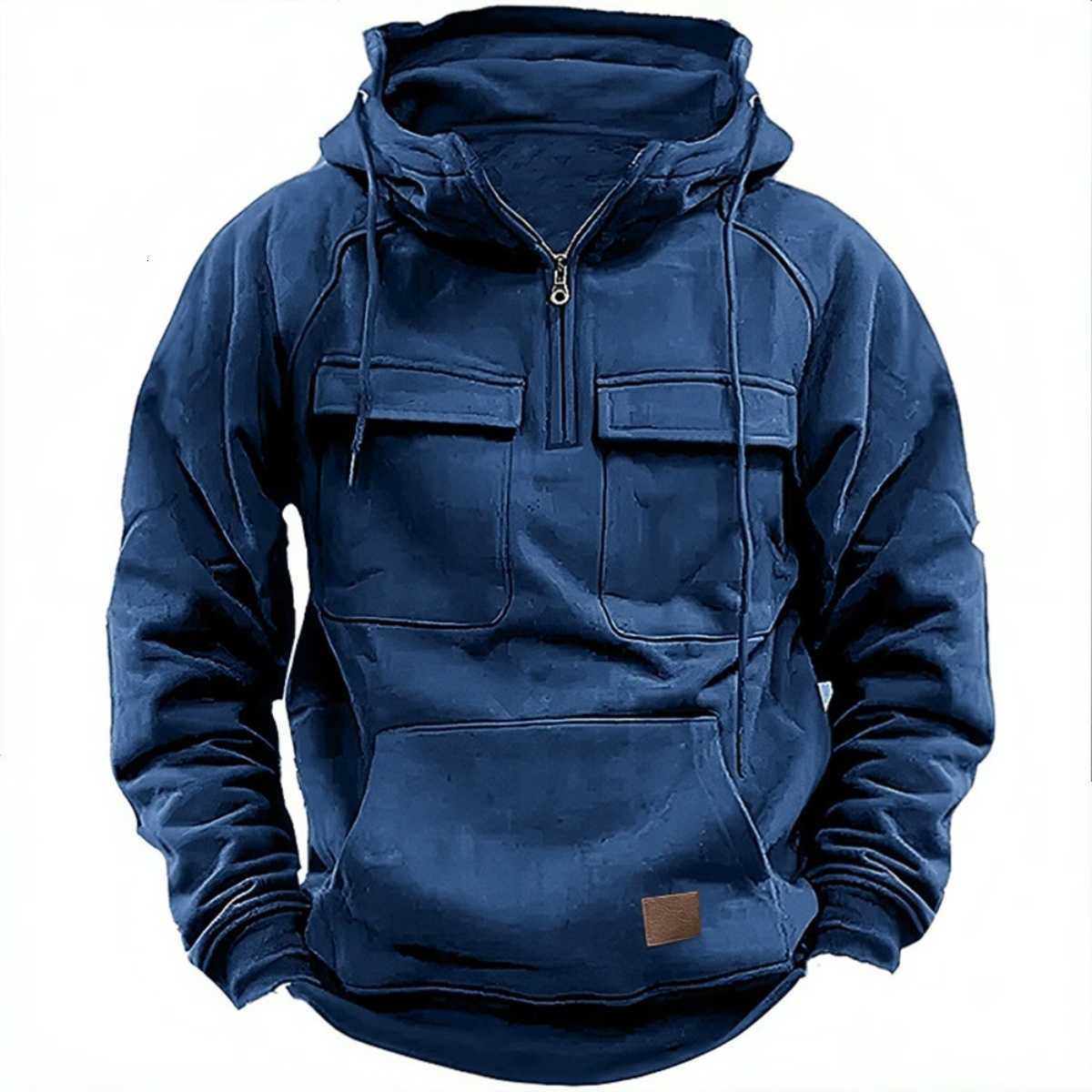Color Solid Youth Hoodie Men's Casual Pullover Autumn Winter Fashion Patch Design with Multi Pockets Streetwear D260915