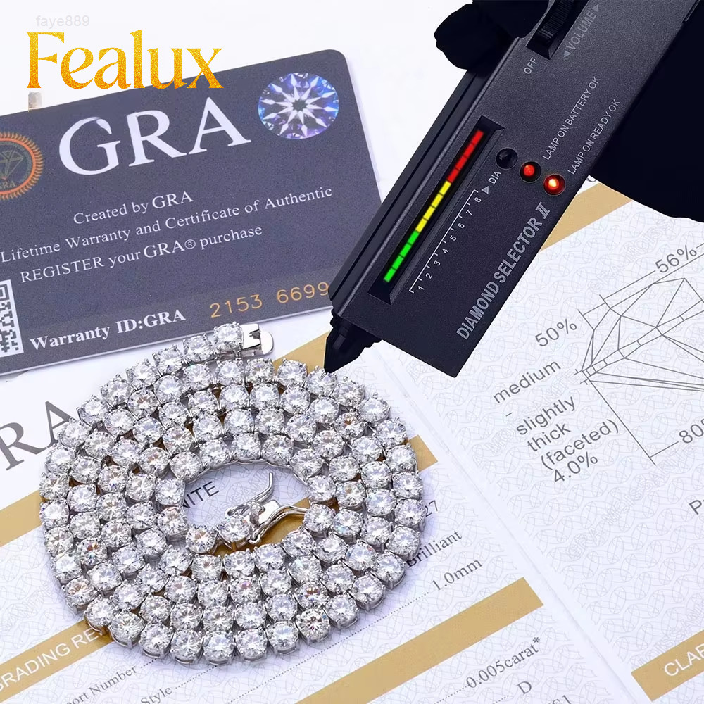 Fealux Tennis Chain VVS1 D Moissanite Necklace Men Iced Out Round Brilliant Cut 925 Silver Rose Gold Jewelry