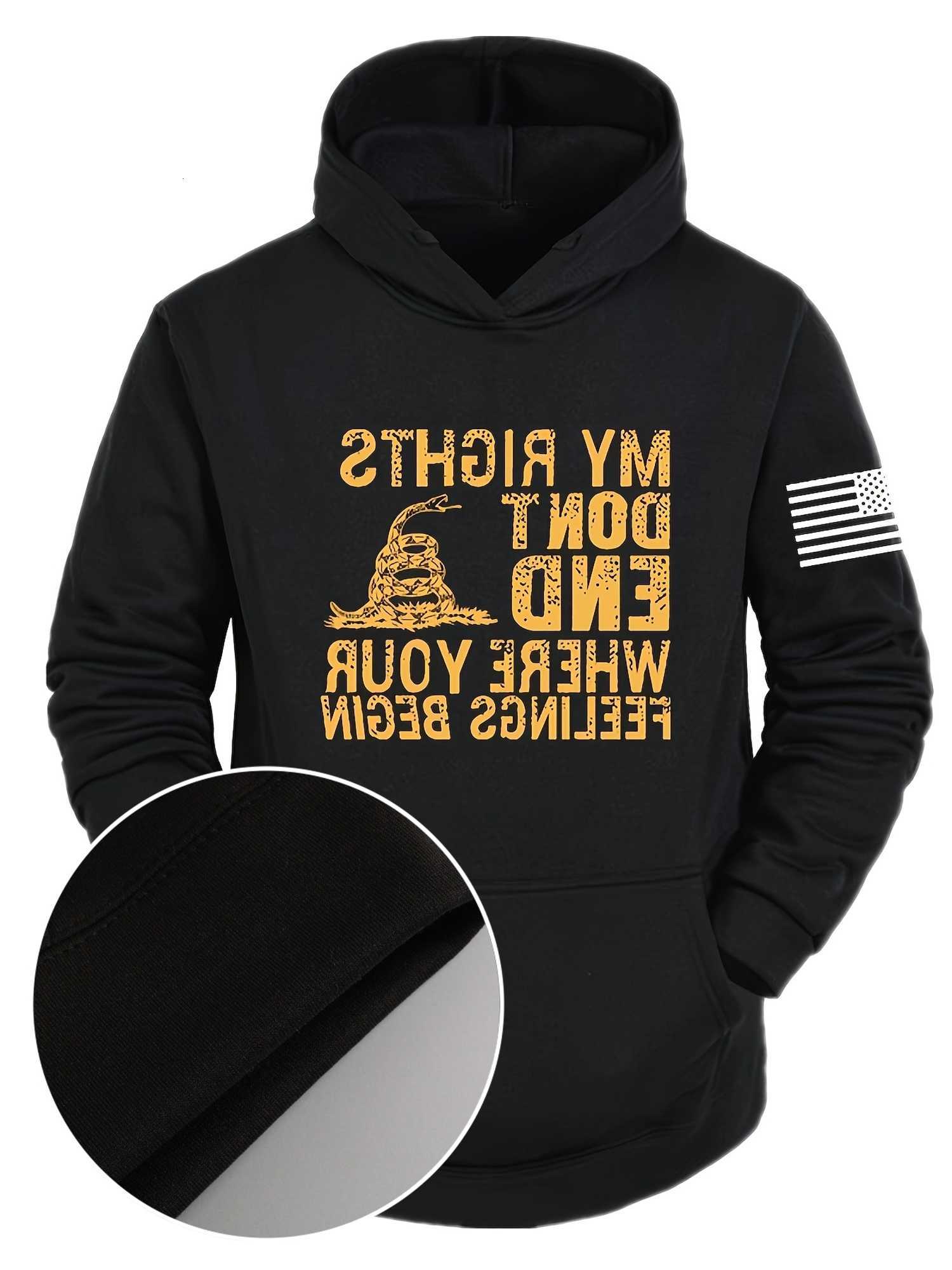 Hoodies Plus Drawstring Size Men's "My Rights Don't Stop Where Your Feelings Begin" Graphic Print Sweatshirt for Big Tall Males