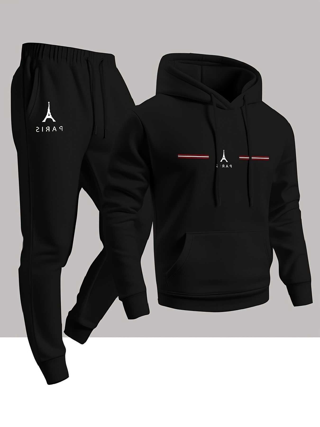 2 Piece Tracksuit Paris Men EiffelTower Print Hoodie + Jogger Pants Set Casual Loose Streetwear Autumn Winter Sportswear Suit D260915