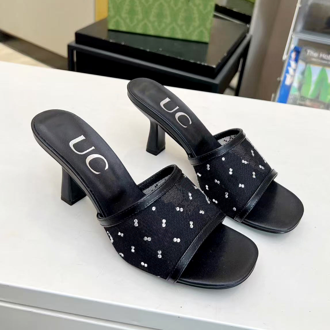 Mode sexy Absatz Kleid Schuh Sommer Reisen Frauen Mule Damen offene Spitze High Heel Slipper Sandalen Luxus Designer Heels Stiletto Mesh Strass Part