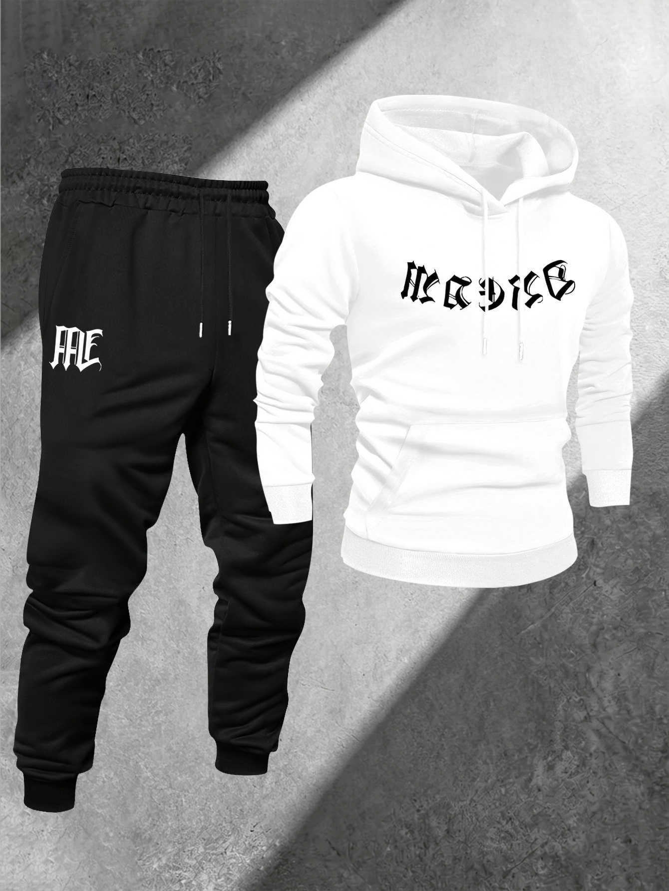 Stylized Letter Print Men 2Piece Tracksuit Hoodie Jogger Pants Set Dream Vintage Font Male Casual Street Sweat Outfit D260915