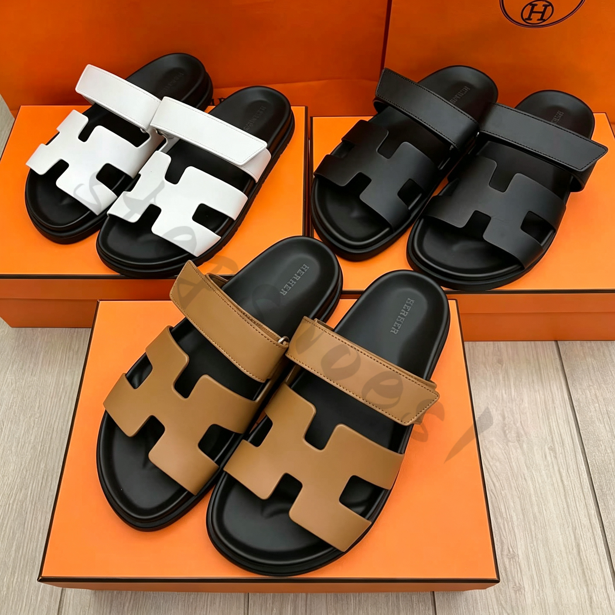 10ATop quality designer chypre luxury classic men's and women's comfortable leather velcro flat bottomed outdoor beach sandals sizes 35-44