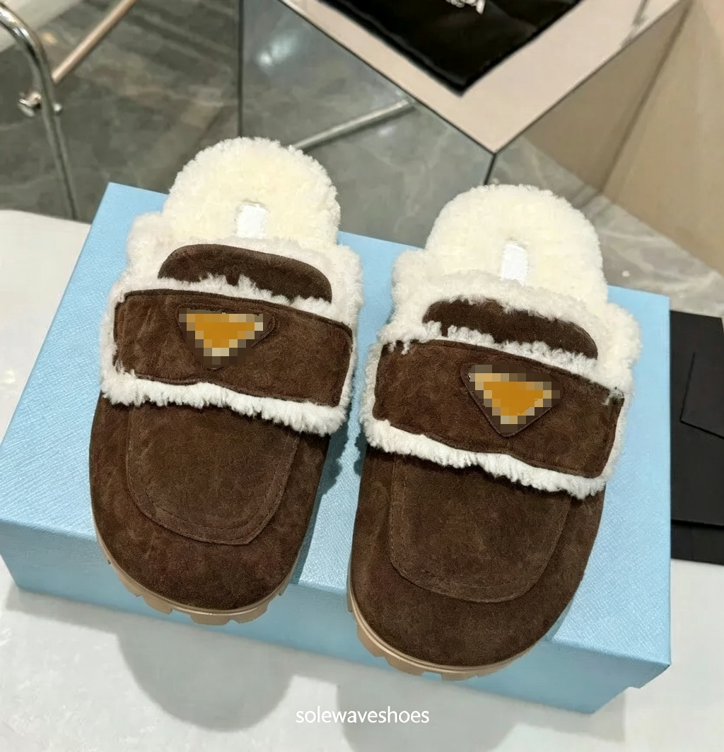 new designer women slippers sandal flat comfort clog suede slipper fur leather platform mule fashion shearling luxury falt slides P brand