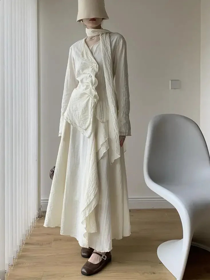 Spring and Autumn Women Suit Solid Color Long Sleeve V-neck Blouses Top Irregular Flowing Gentle Style A-line Long Skirt Sets 260914