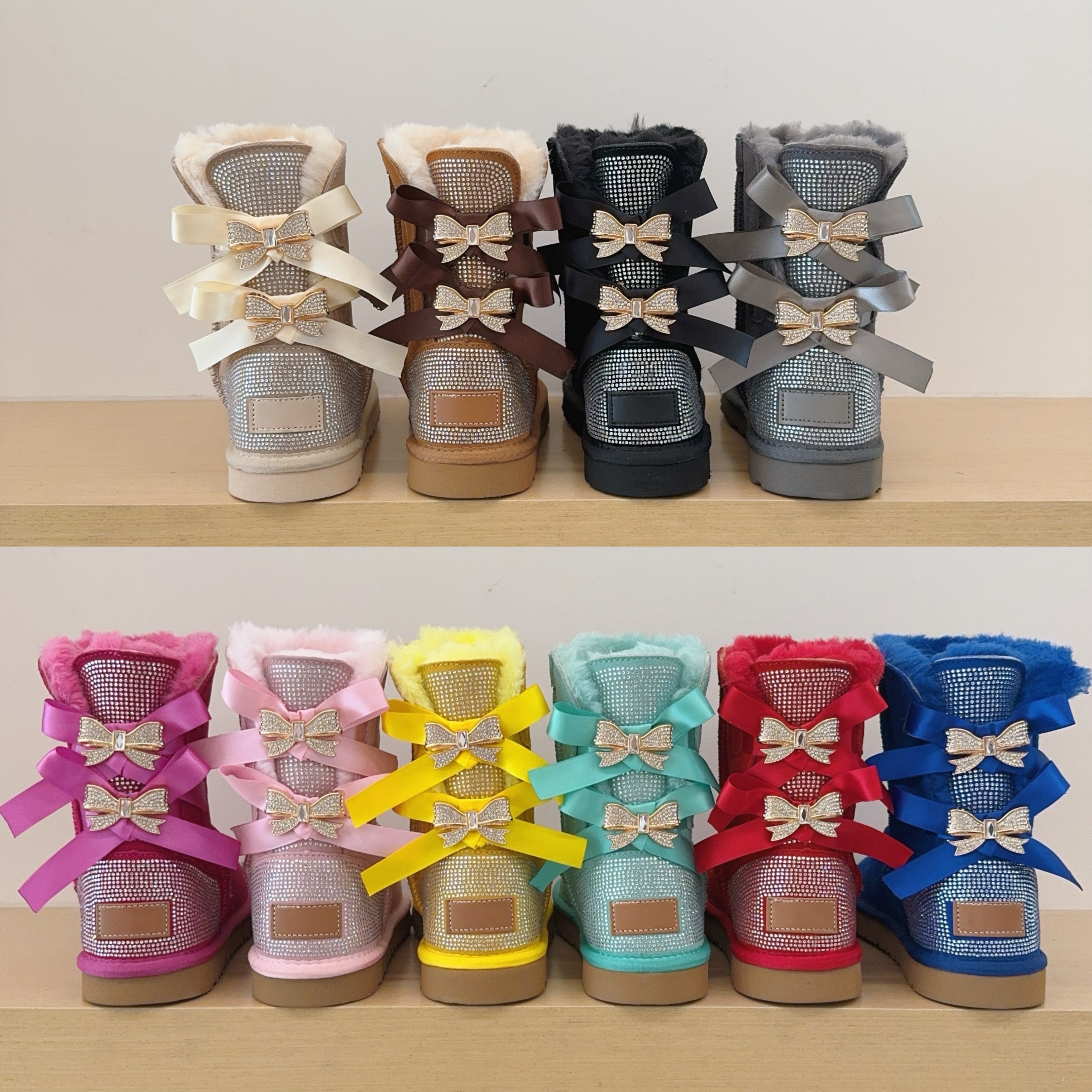Femmes Strass Bow Bottes De Neige Bling Plein Diamant Bottines Fausse Fourrure Doublée Chaud Hiver Bottes Courtes Noir Semelle Épaisse Casual Cha