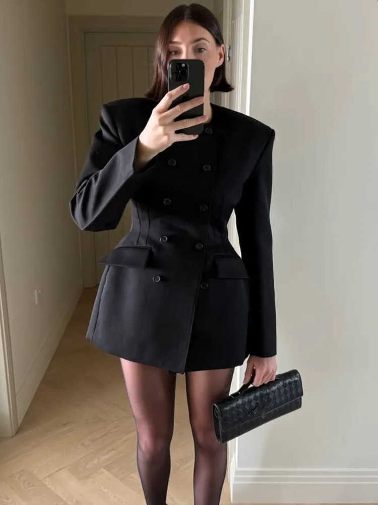 Neck Round Suit Coat Jacket Double Breasted Waist Cinched Mid Length Overcoat Silhouette Women Outwear Top Spring S260915IN28