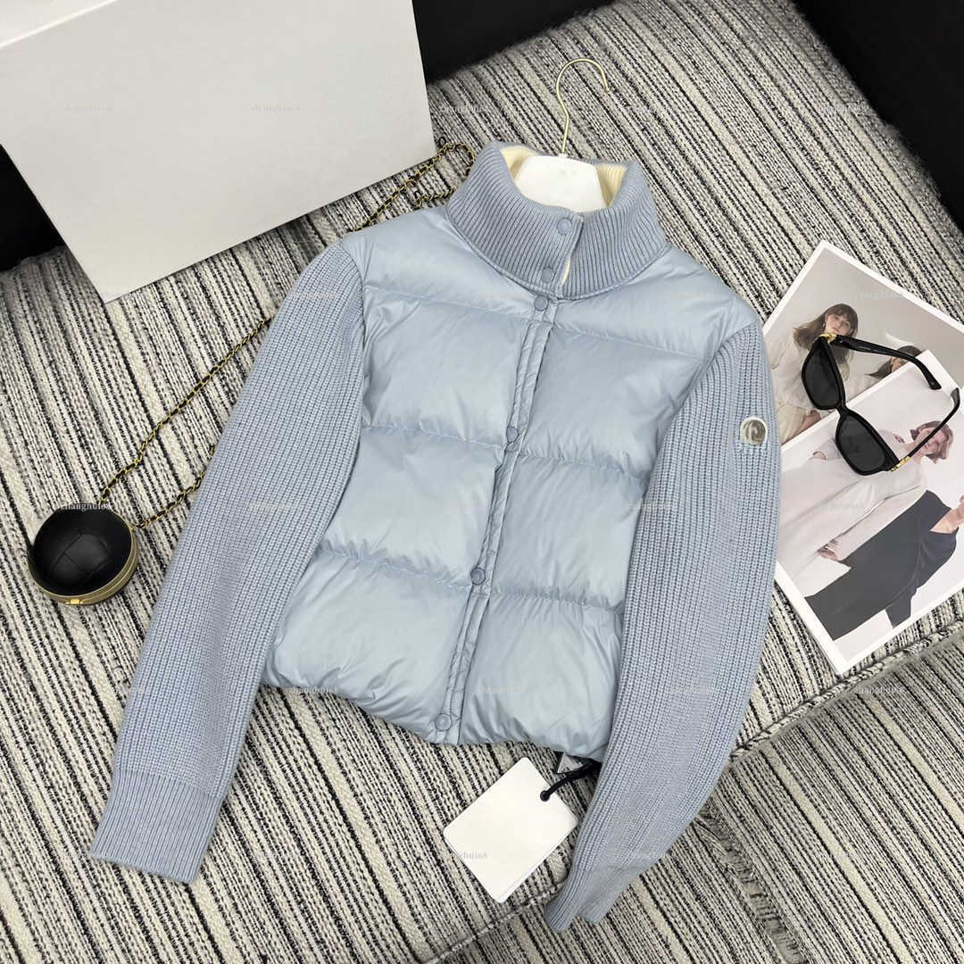Fashion Women's Knitted Sleeve Splicing Down Jacket Standing Collar Hooded Short Coat women designer clothes Winter Warm self cultivation Coat