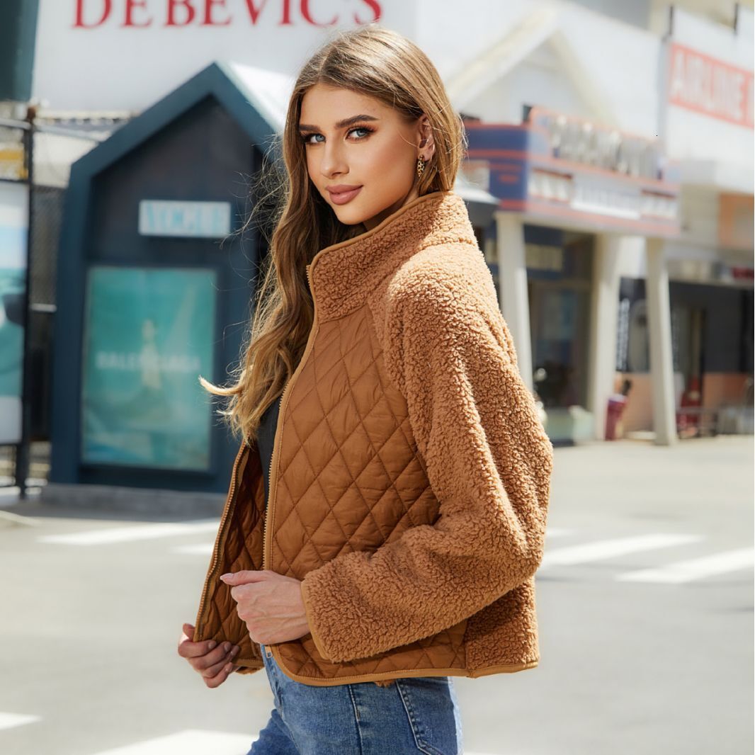 Women Fall Winter Patchwork Zip Up Jacket Stand Collar Quilted Panel Teddy Fleece Long Sleeve Relaxed Fit Lightweight Warm Casual Daily Street Outer