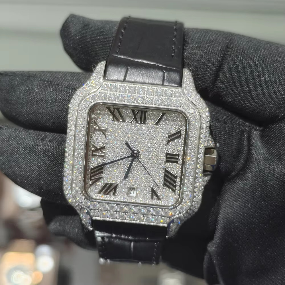 Luxury Mechanical Mo Stone Tester Iced Out Stainless Steel Bezel Rap Watch Vvs Men's Diamond