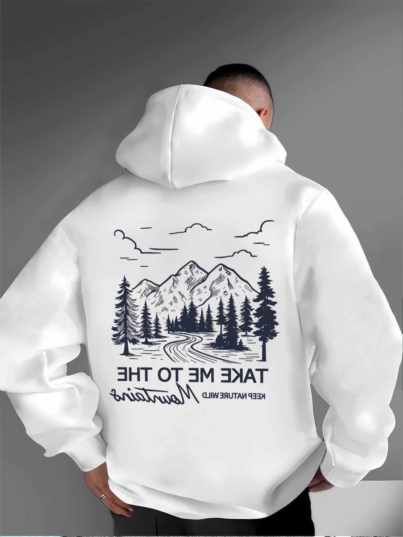 Hooded Landscape Printed Men's Back Sweatshirt - American Style Simple Elegant Suitable for Daily Wear in Autumn Winter. D260915